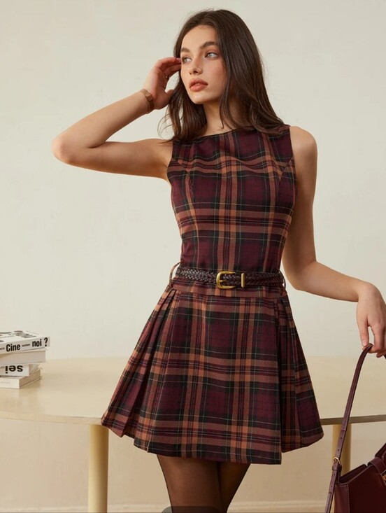 Commense Dresses & Skirts - NWT Commense Checkered Pleated Tank Dress Without Belt Small Plaid Mini Red Tan